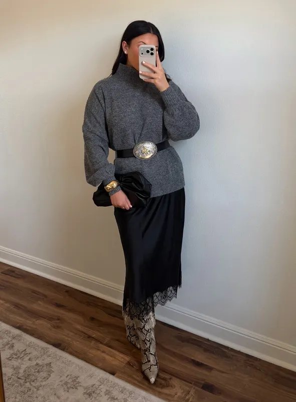 Turtleneck Sweater and Slip Skirt with Statement Western Belt — Western Winter Outfits