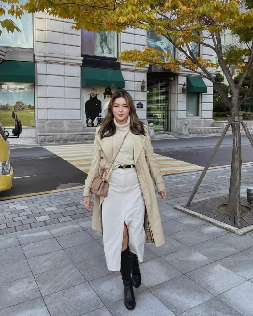 Beige Trench Coat with Cream Turtleneck and Midi Skirt Beige Trench Coat with Cream Turtleneck and Midi Skirt — Korean Winter Outfits
