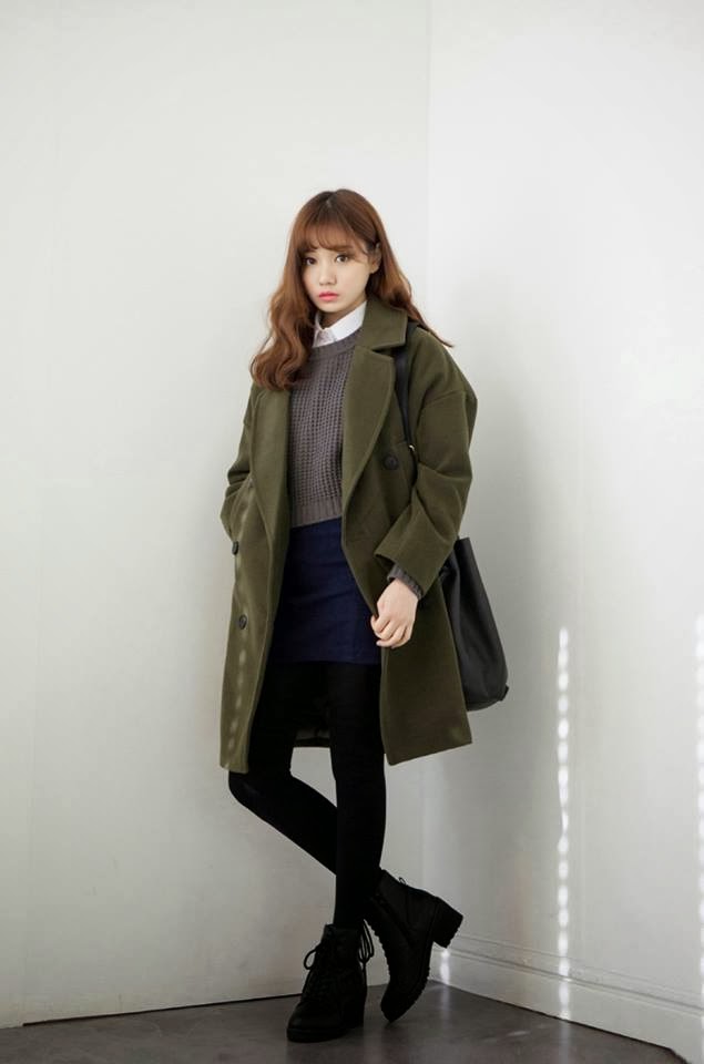 Olive Green Wool Blend Coat with Grey Sweater and Navy Skirt Olive Green Wool Blend Coat with Grey Sweater and Navy Skirt — Korean Winter Outfits