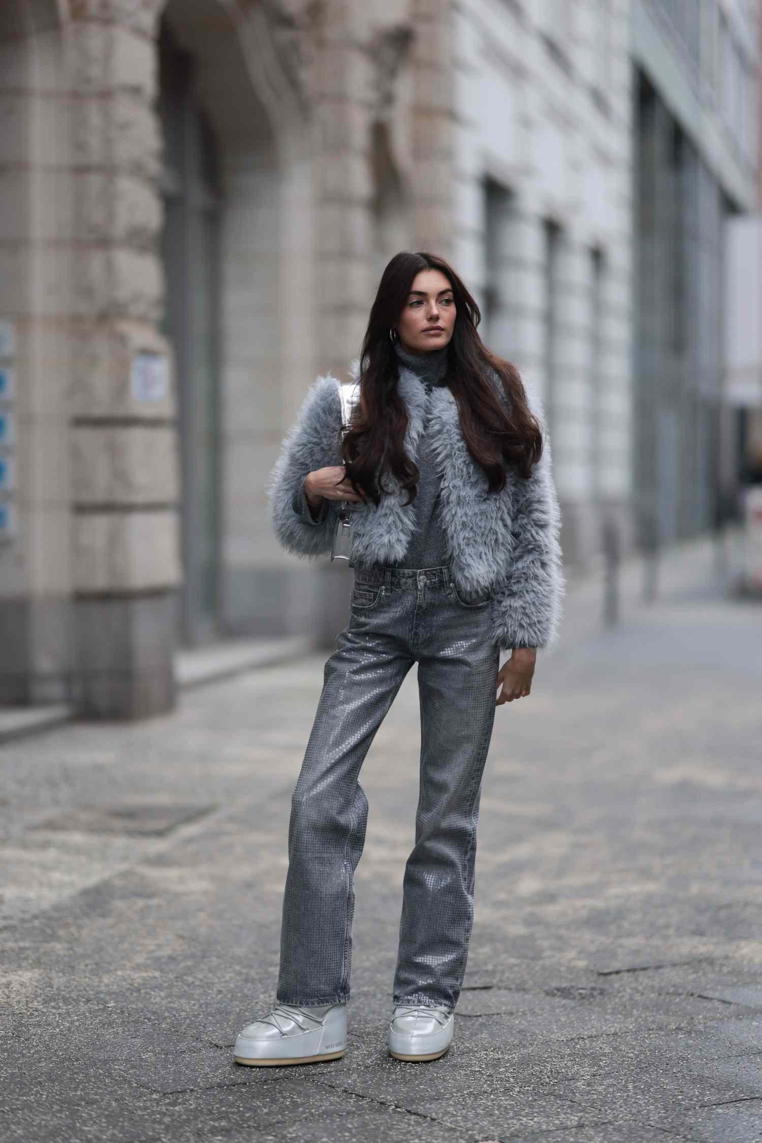 White Moon Boots with Metallic Jeans and Faux Fur Jacket — Winter Boots Outfits