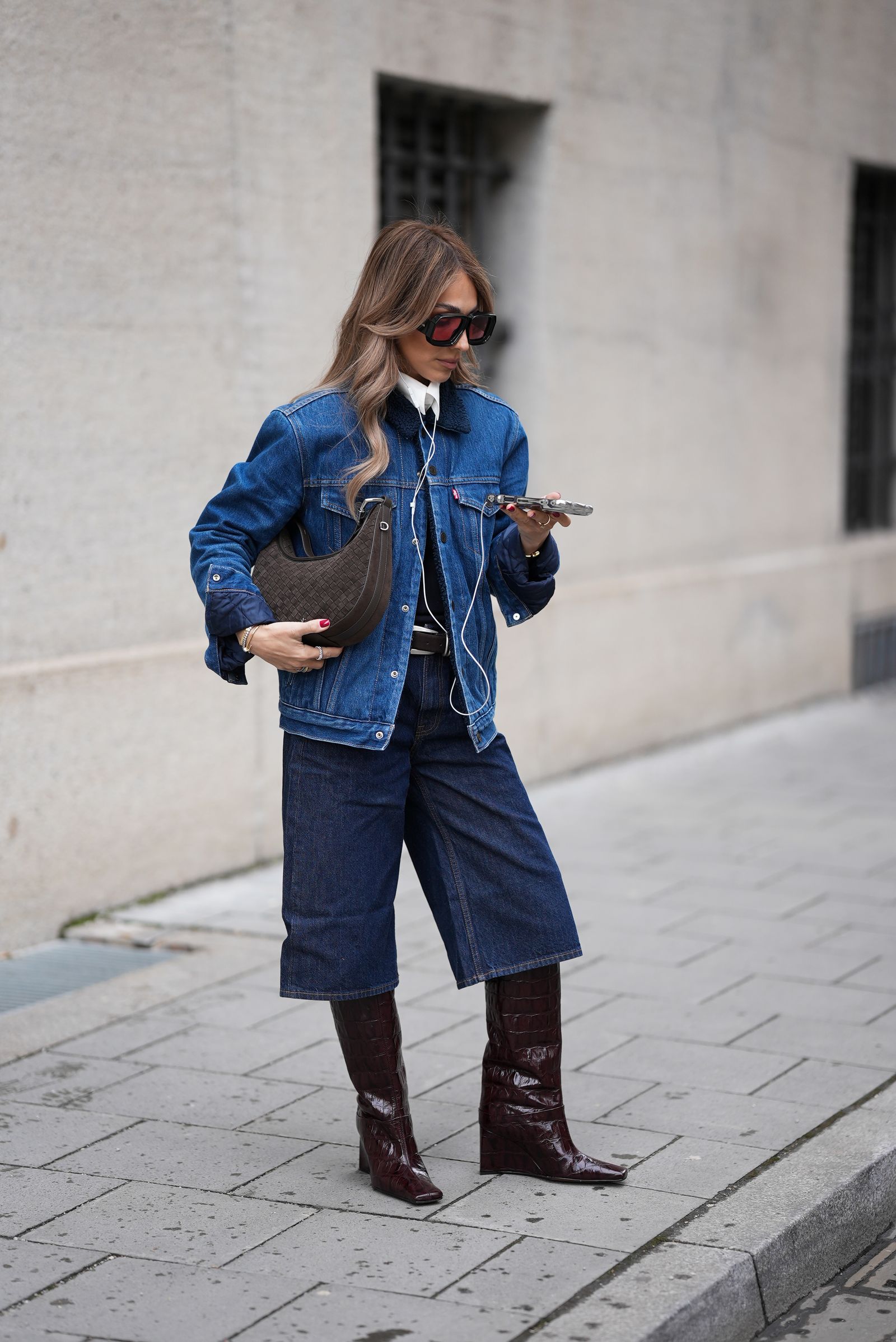 Croc-Embossed Boots with Denim Culottes and Jacket — Winter Boots Outfits