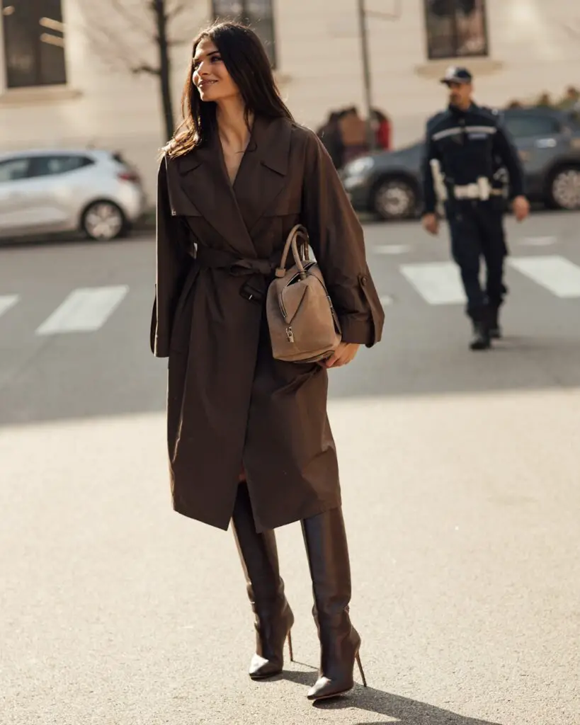 Pointed-Toe Stiletto Boots with a Belted Trench Coat — Winter Boots Outfits