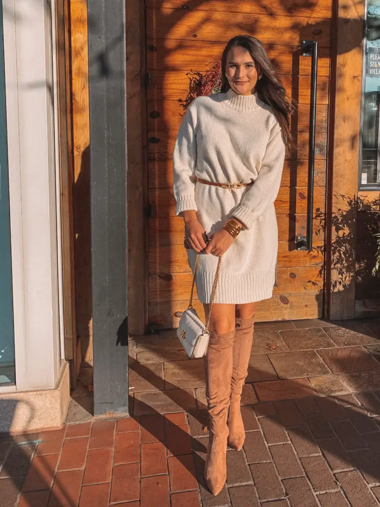 Off-White Knit Mini Dress with Over-the-Knee Boots Off-White Knit Mini Dress with Over-the-Knee Boots — Winter Dress Outfits