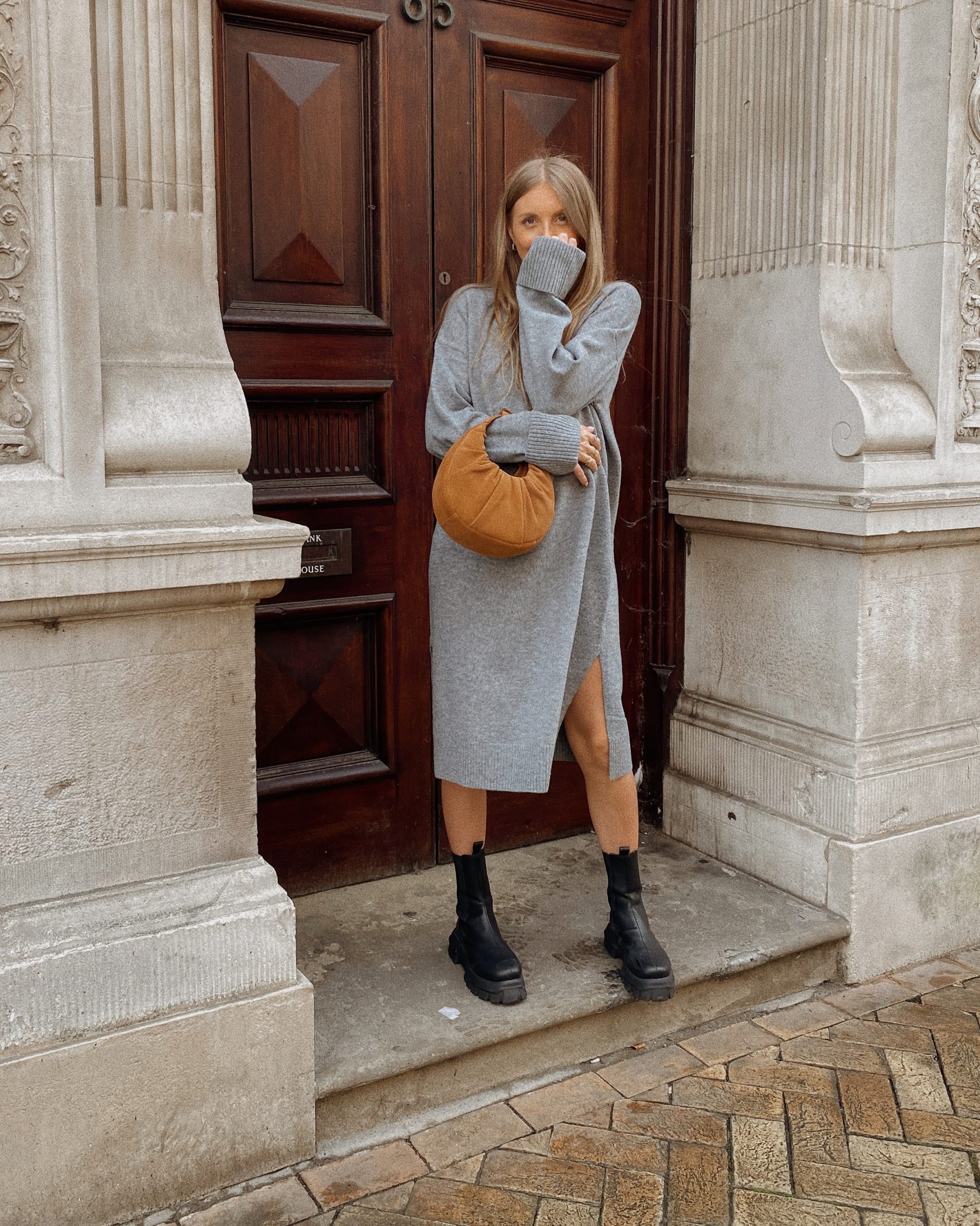 Oversized Grey Knit Dress with Thigh-High Slit Oversized Grey Knit Dress with Thigh-High Slit — Winter Dress Outfits