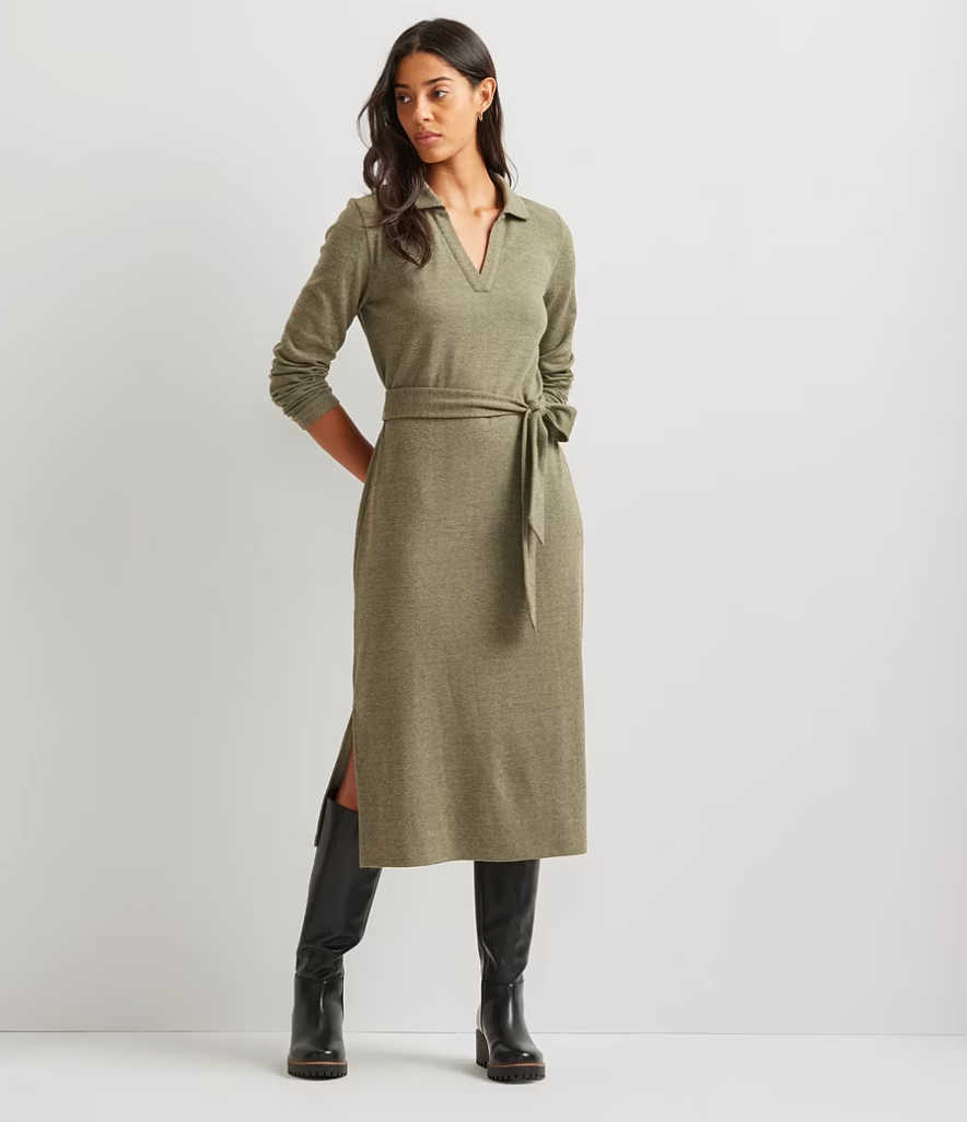Olive Green Collared Midi Dress with Leather Belt Olive Green Collared Midi Dress with Leather Belt — Winter Dress Outfits