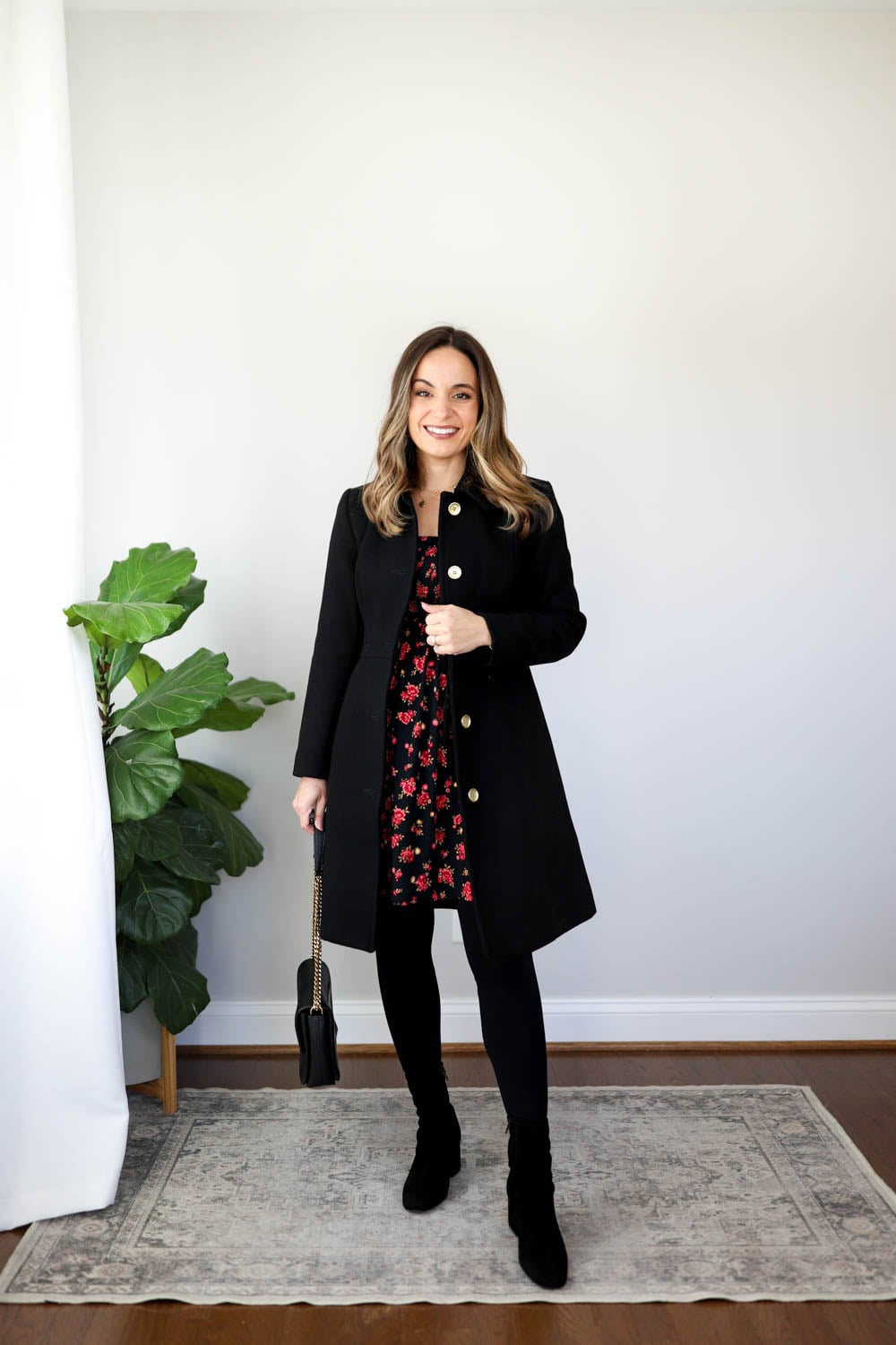 Red Floral Dress with Wool Coat and Suede Boots Red Floral Dress with Wool Coat and Suede Boots — Winter Dress Outfits