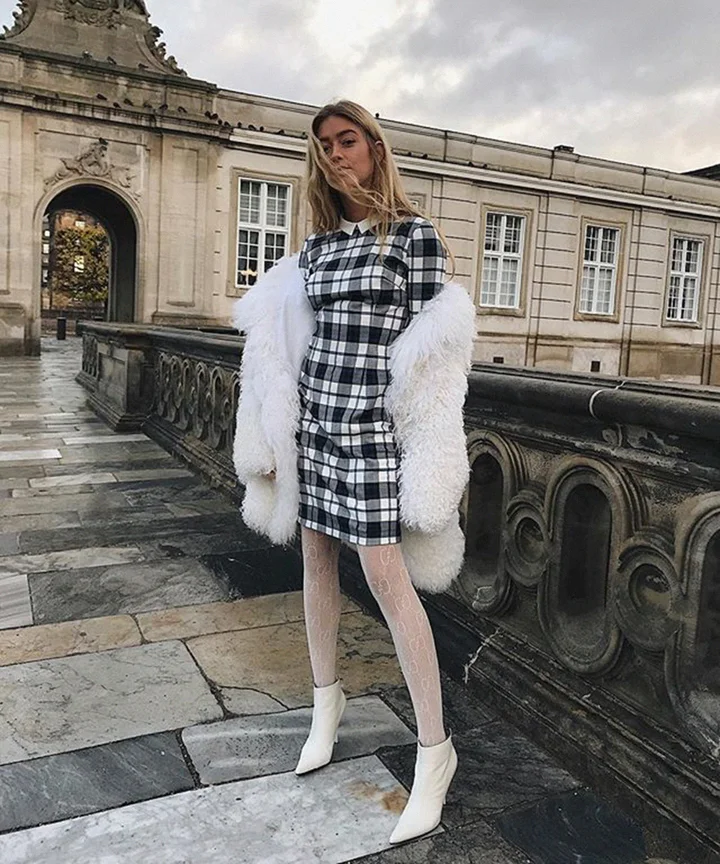 Plaid Mini Dress with Faux Fur Coat Plaid Mini Dress with Faux Fur Coat — Winter Dress Outfits