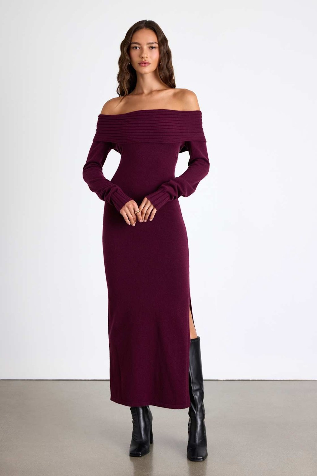 Plum Off-the-Shoulder Dress with Leather Boots Plum Off-the-Shoulder Dress with Leather Boots — Winter Dress Outfits