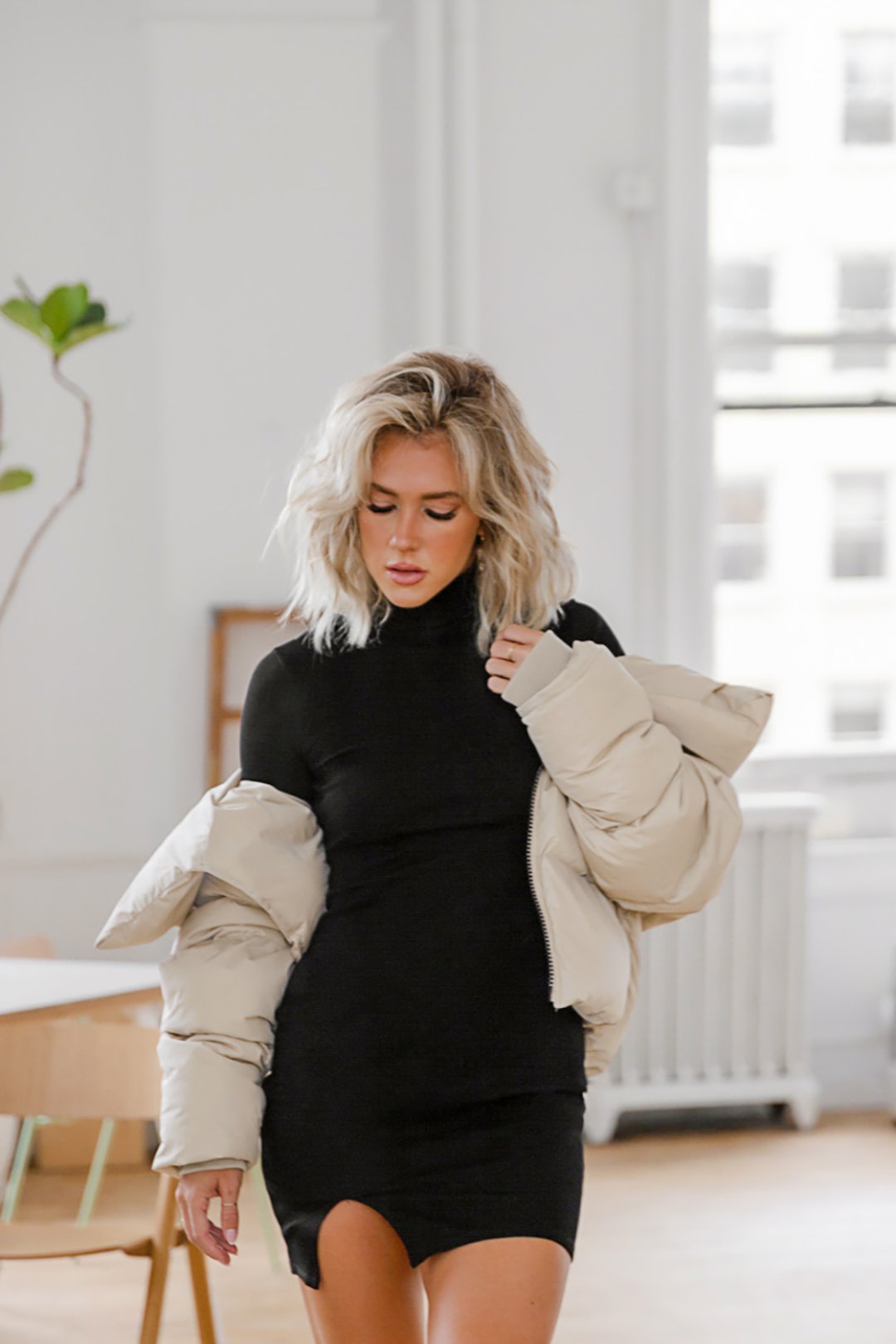 Fitted Turtleneck Dress with Puffer Jacket Fitted Turtleneck Dress with Puffer Jacket — Winter Dress Outfits
