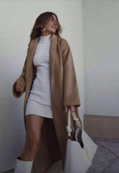 Monochromatic White and Camel Knit Dress Ensemble Monochromatic White and Camel Knit Dress Ensemble — Winter Dress Outfits