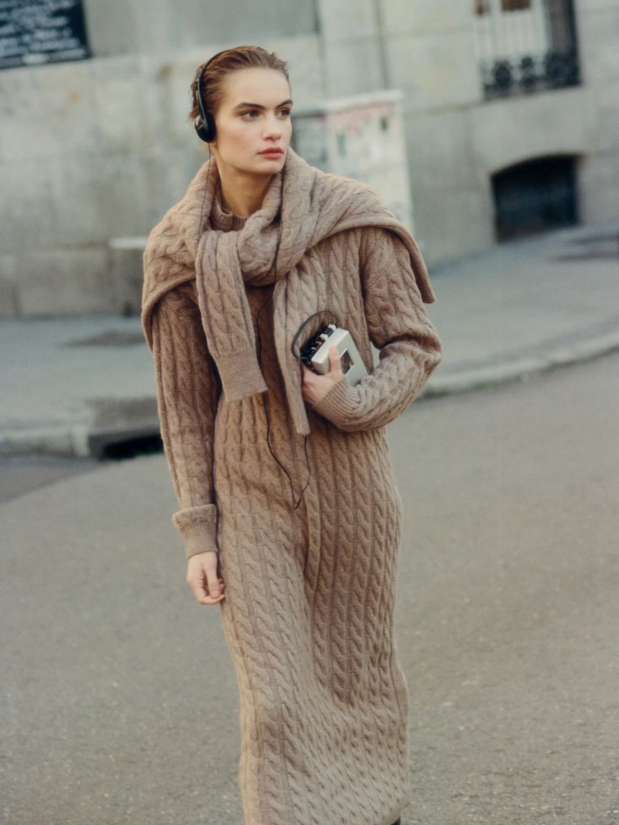 Elegant Beige Cable Knit Dress for Winter Warmth — Winter Capsule Wardrobe