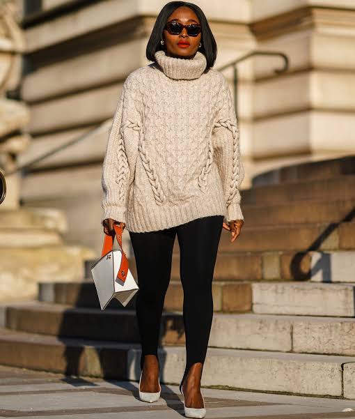 Casual Everyday Chunky Beige Cable Knit Sweater with Black Leggings — Winter Capsule Wardrobe