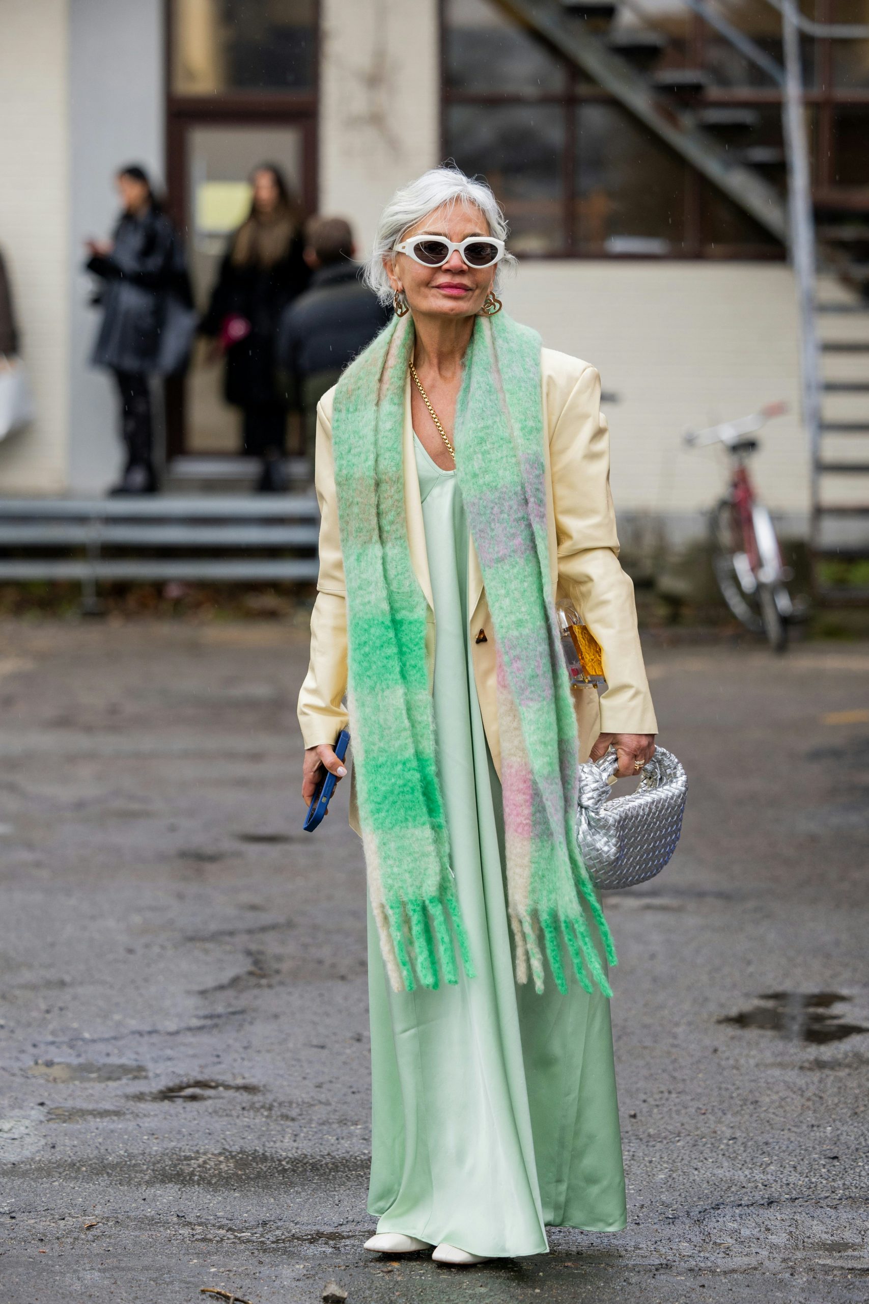 Mint Green Slip Dress Paired with Yellow Blazer and Plaid Scarf — Colorful Winter Outfits
