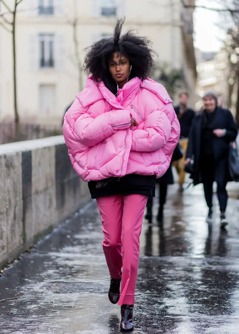 Bold Hot Pink Puffer and Trousers for Street Style — Colorful Winter Outfits