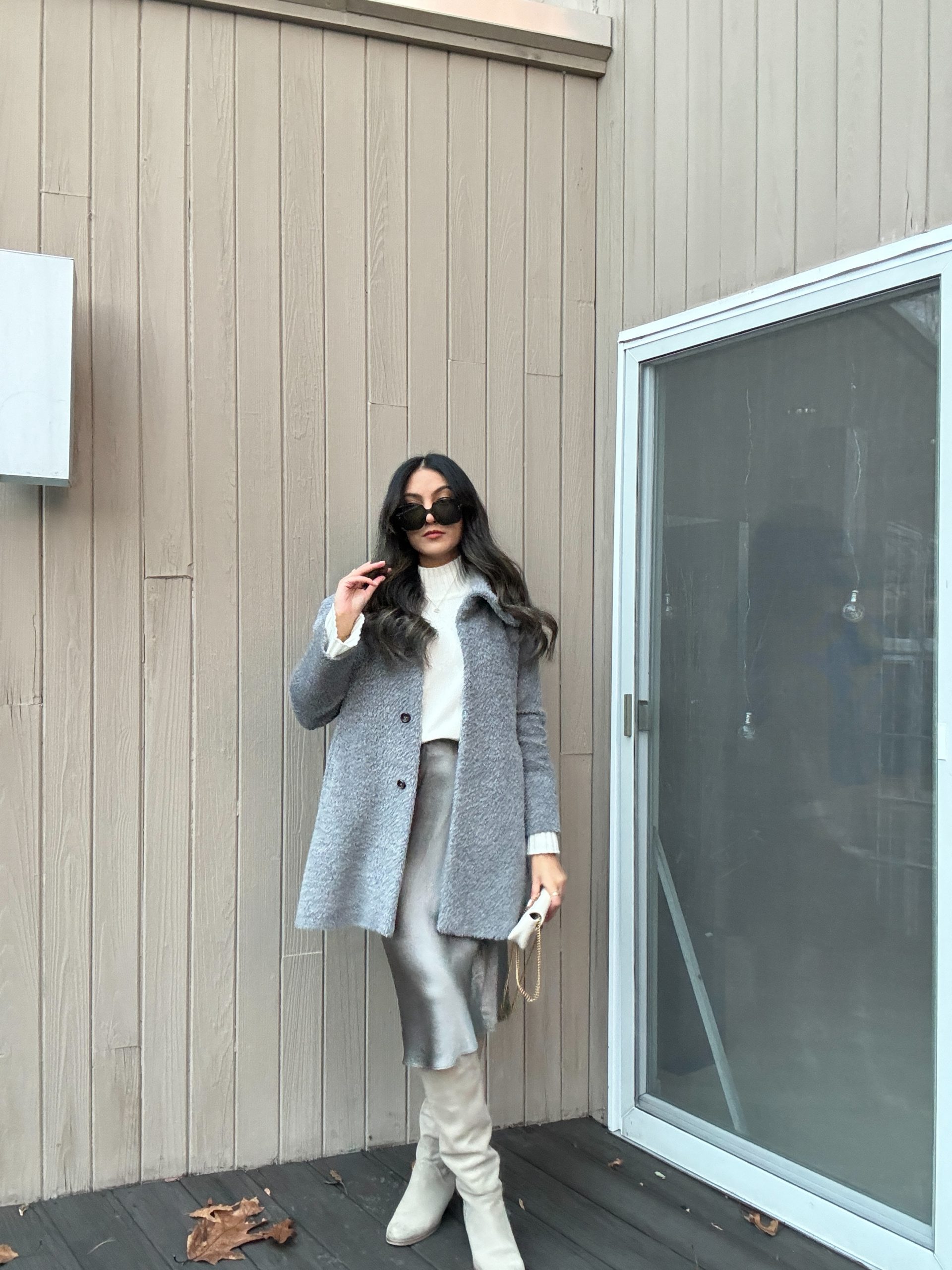 Textured Grey Coat Over Satin Skirt for Sophisticated Winter Style — Colorful Winter Outfits