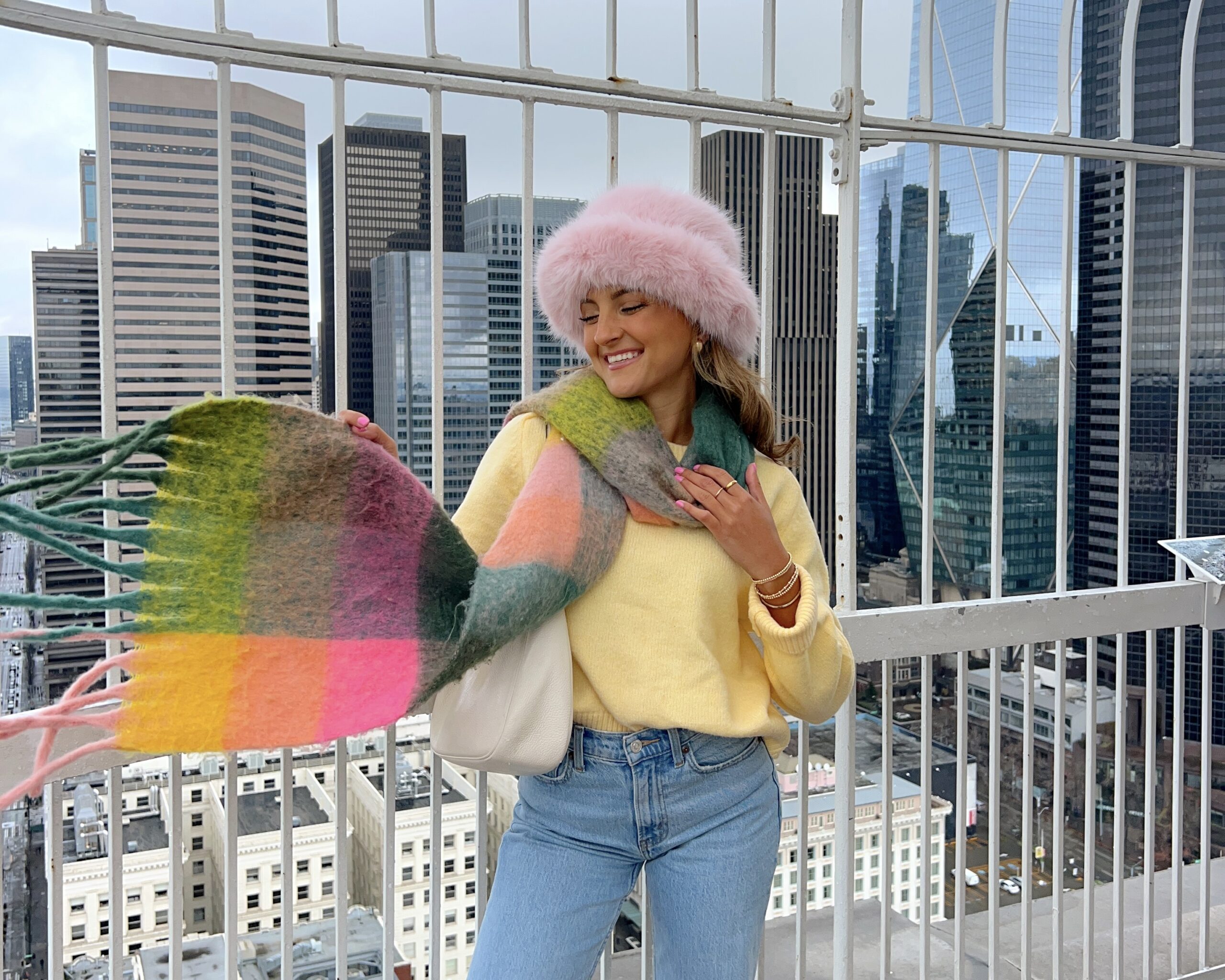 Bright Yellow Sweater and Denim with a Multicolored Scarf — Colorful Winter Outfits