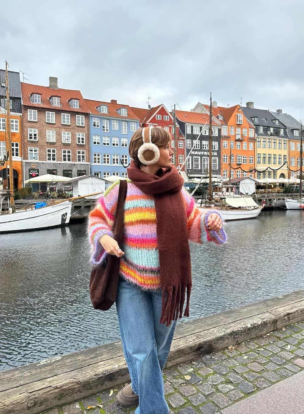 Multicolor Striped Sweater Paired with Brown Accessories — Colorful Winter Outfits