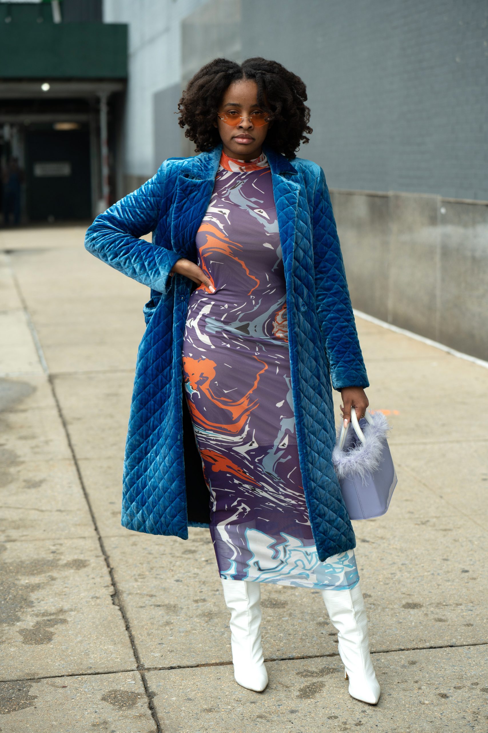 Vibrant Blue Velvet Coat Meets Abstract Print Dress — Colorful Winter Outfits