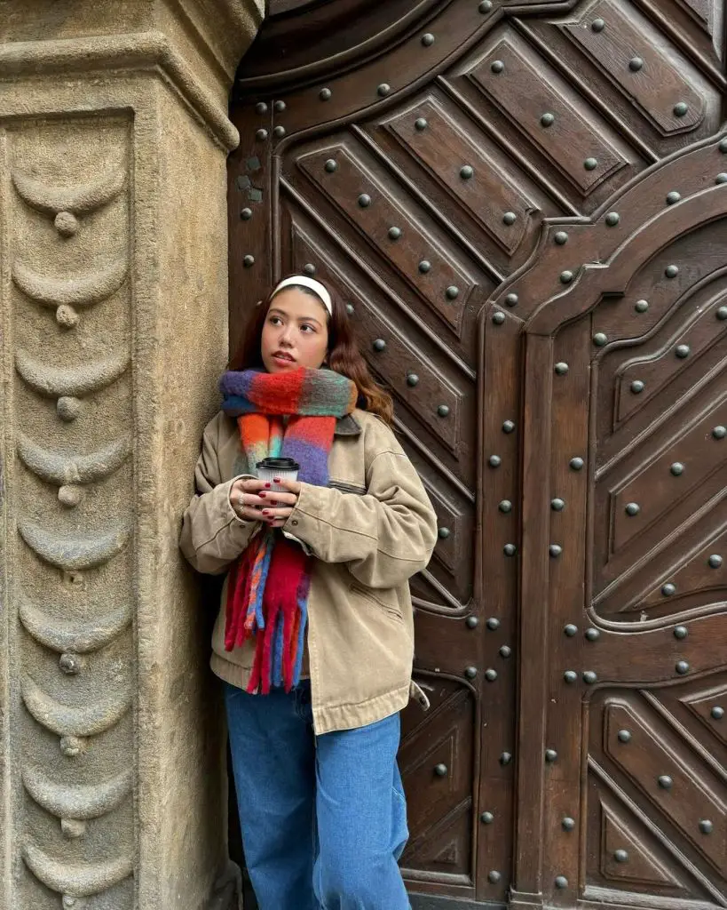 Casual Beige Jacket and Jeans with a Colorful Plaid Scarf — Colorful Winter Outfits