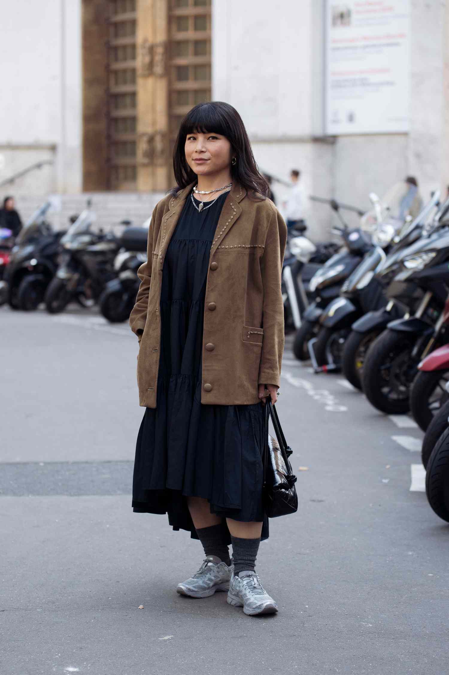 Urban Contrast: Suede Jacket Over Midi Dress with Sneakers Urban Contrast: Suede Jacket Over Midi Dress with Sneakers — Chicago Winter Outfits