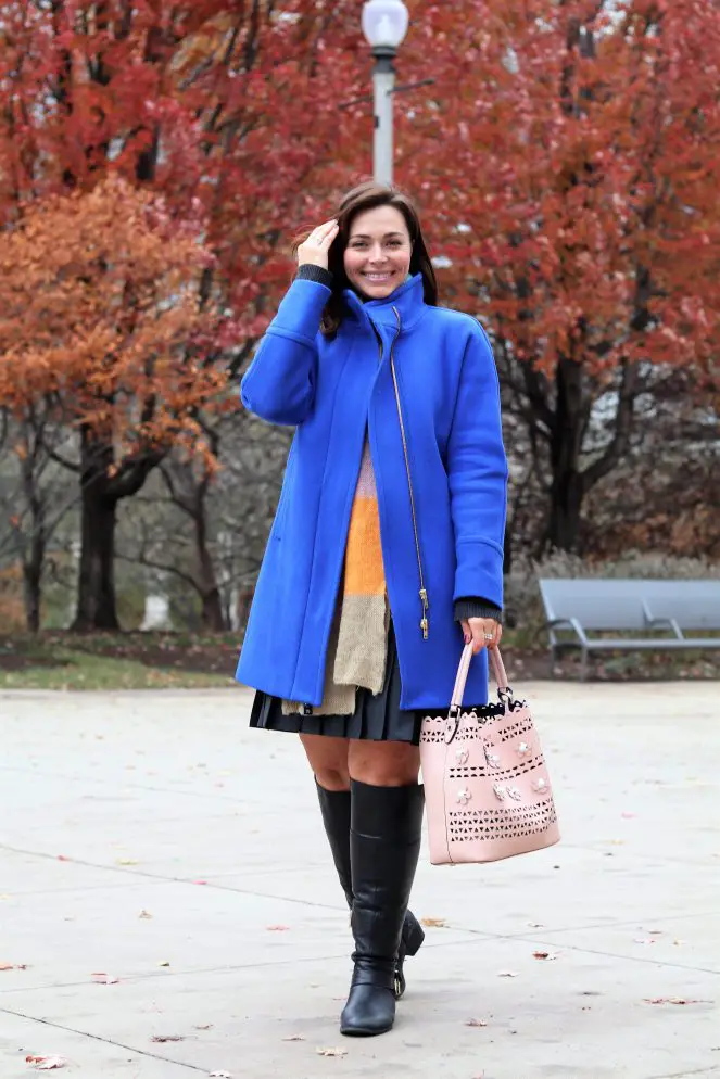 Bold Statement: Royal Blue Wool Coat with Leather Skirt Bold Statement: Royal Blue Wool Coat with Leather Skirt — Chicago Winter Outfits