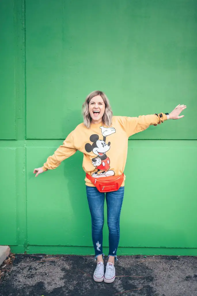 Bright Yellow Mickey Mouse Sweatshirt with Red Fanny Pack Bright Yellow Mickey Mouse Sweatshirt with Red Fanny Pack — Disney Winter Outfits