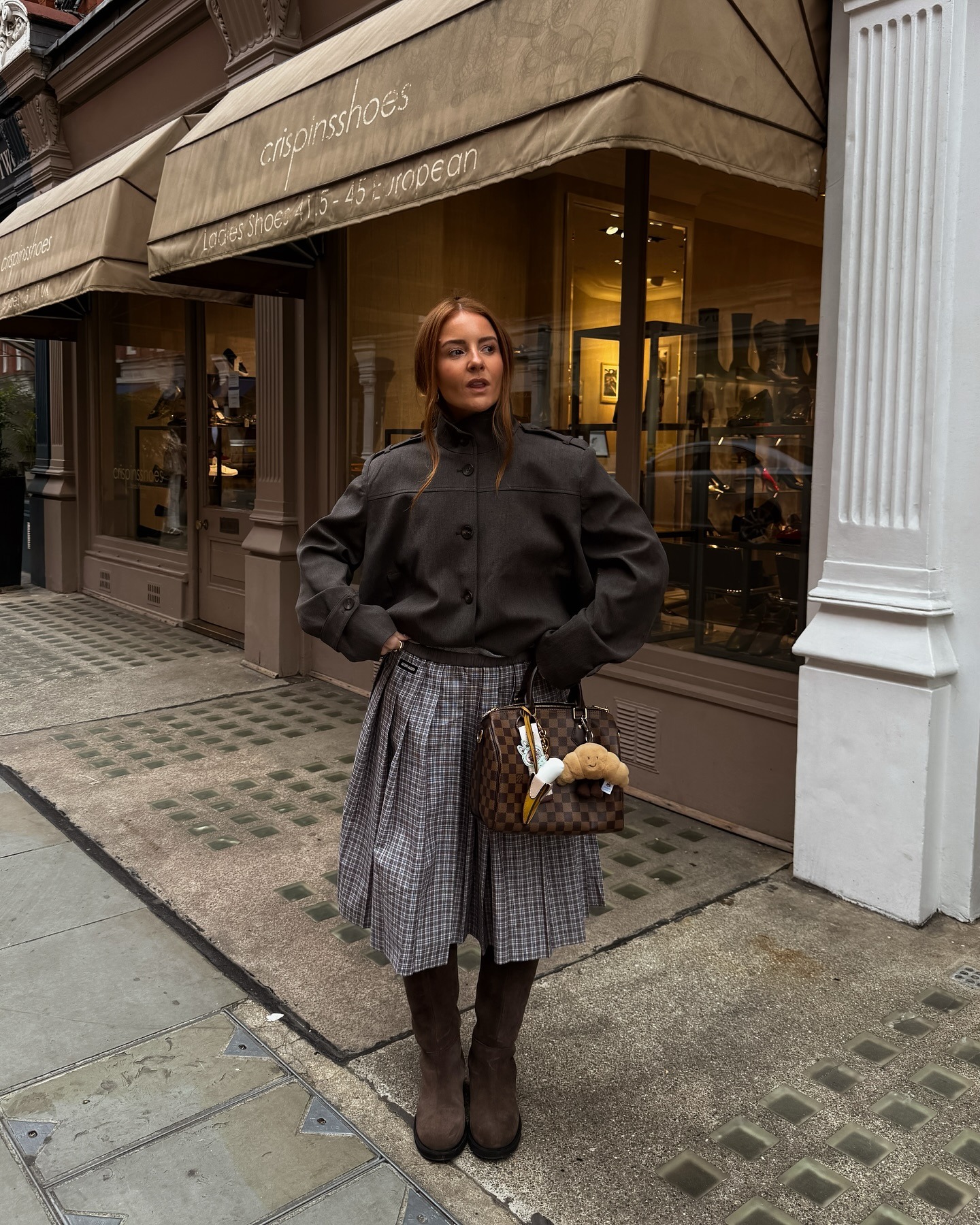 Plaid Skirt Suit with Mock Neck Sophistication — London Winter Outfits