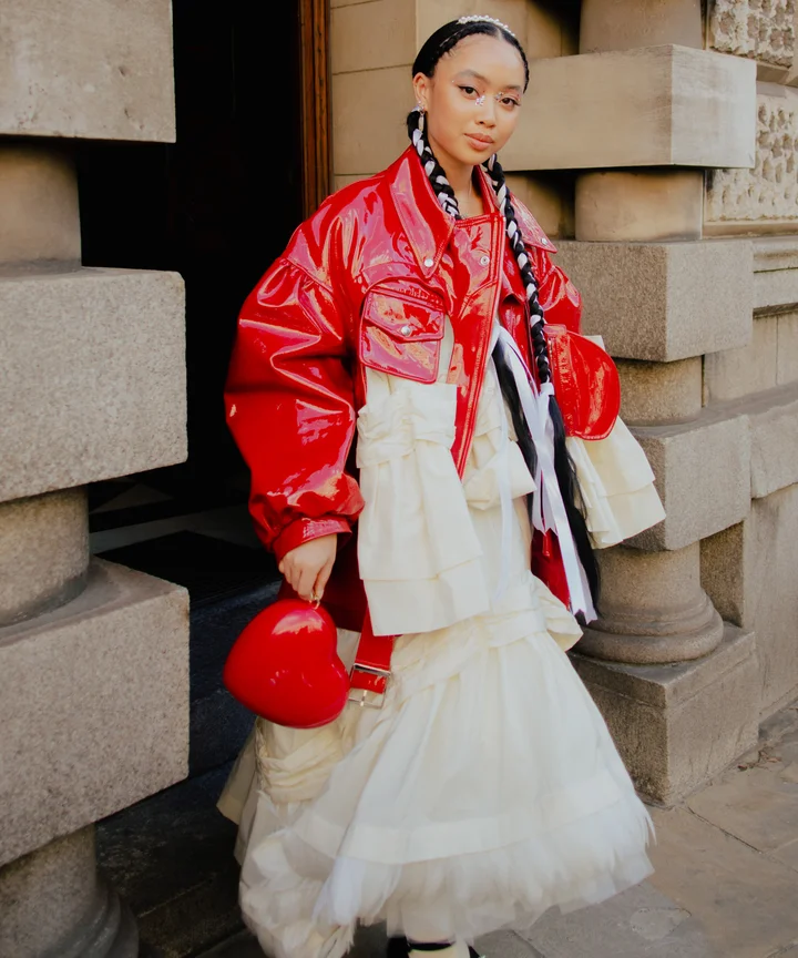 Dramatic Red Patent Jacket with Ruffled Dress — London Winter Outfits