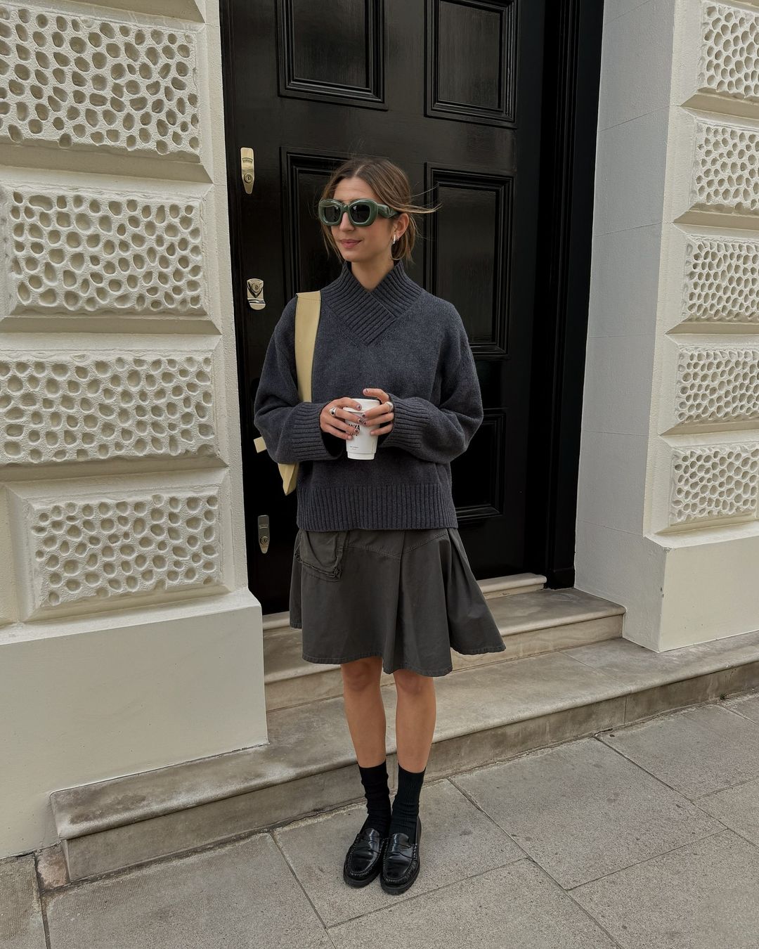 Oversized Grey Sweater and A-Line Mini Skirt — London Winter Outfits