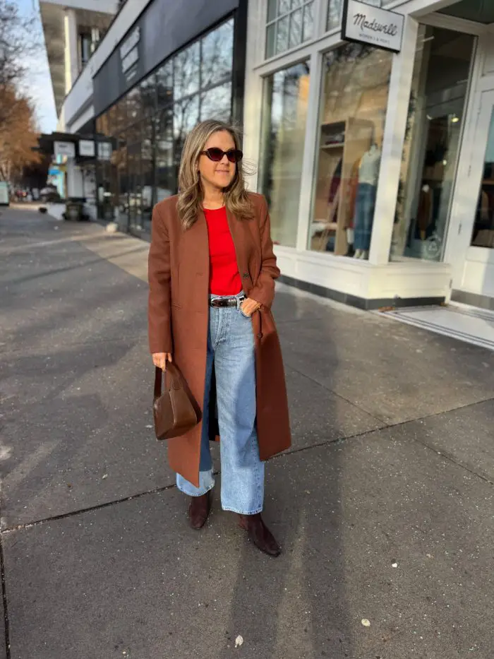 Long Brown Coat Over Bright Red Top — London Winter Outfits