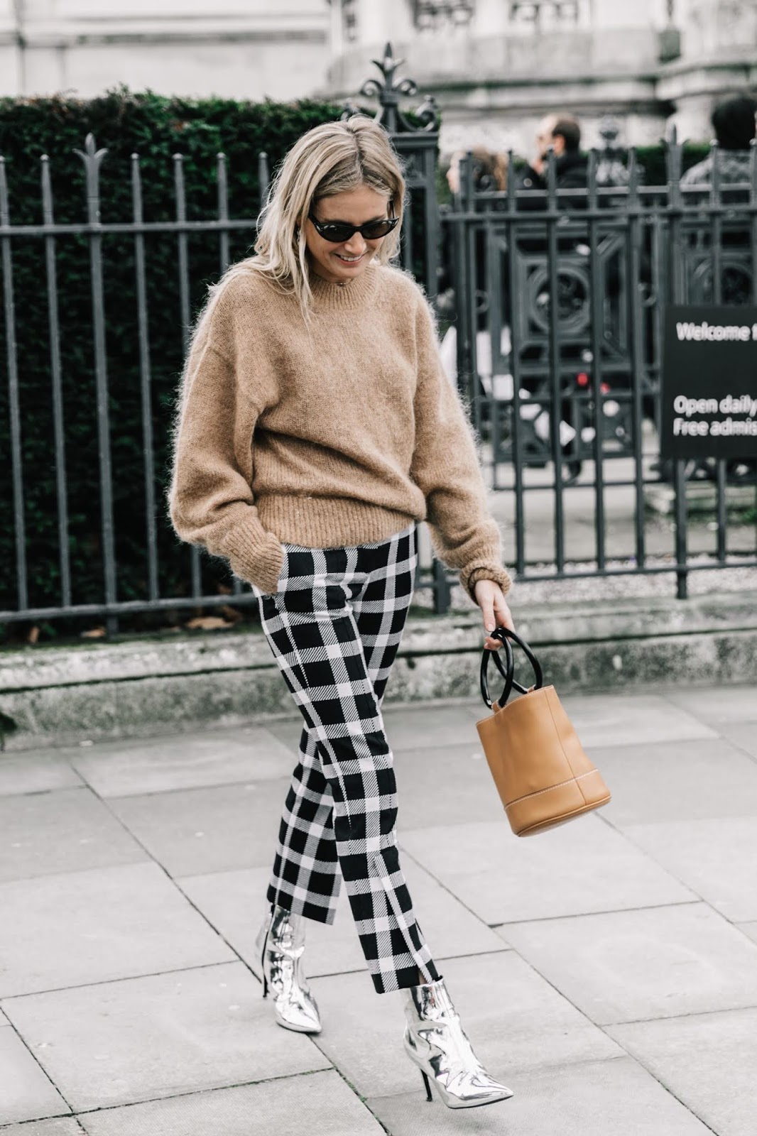 Fuzzy Beige Sweater with Checked Trousers and Metallic Boots — London Winter Outfits