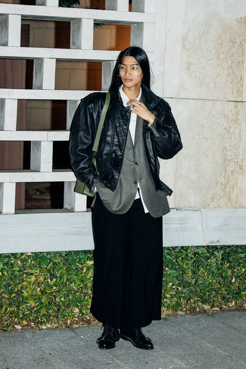 Edgy Layers: Oversized Leather Jacket Over Plaid Blazer — Japan Winter Outfits
