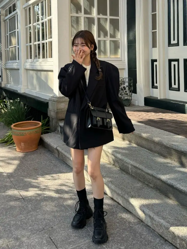Monochrome Chic: Oversized Blazer with Cream Sweater — Japan Winter Outfits