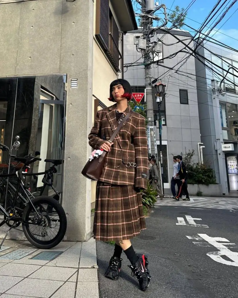 Sharp Tailoring: Brown Plaid Blazer and Matching Skirt — Japan Winter Outfits