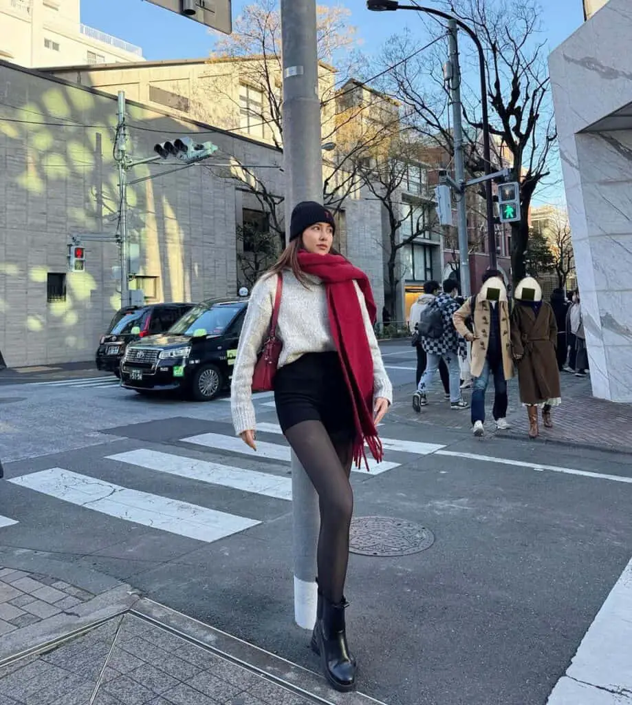 Bold Accent: Grey Knit Sweater with Red Scarf and Shorts — Japan Winter Outfits