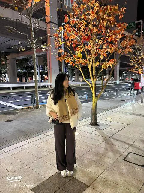 Practical Warmth: Cream Puffer Jacket with Dark Wide-Leg Pants — Japan Winter Outfits