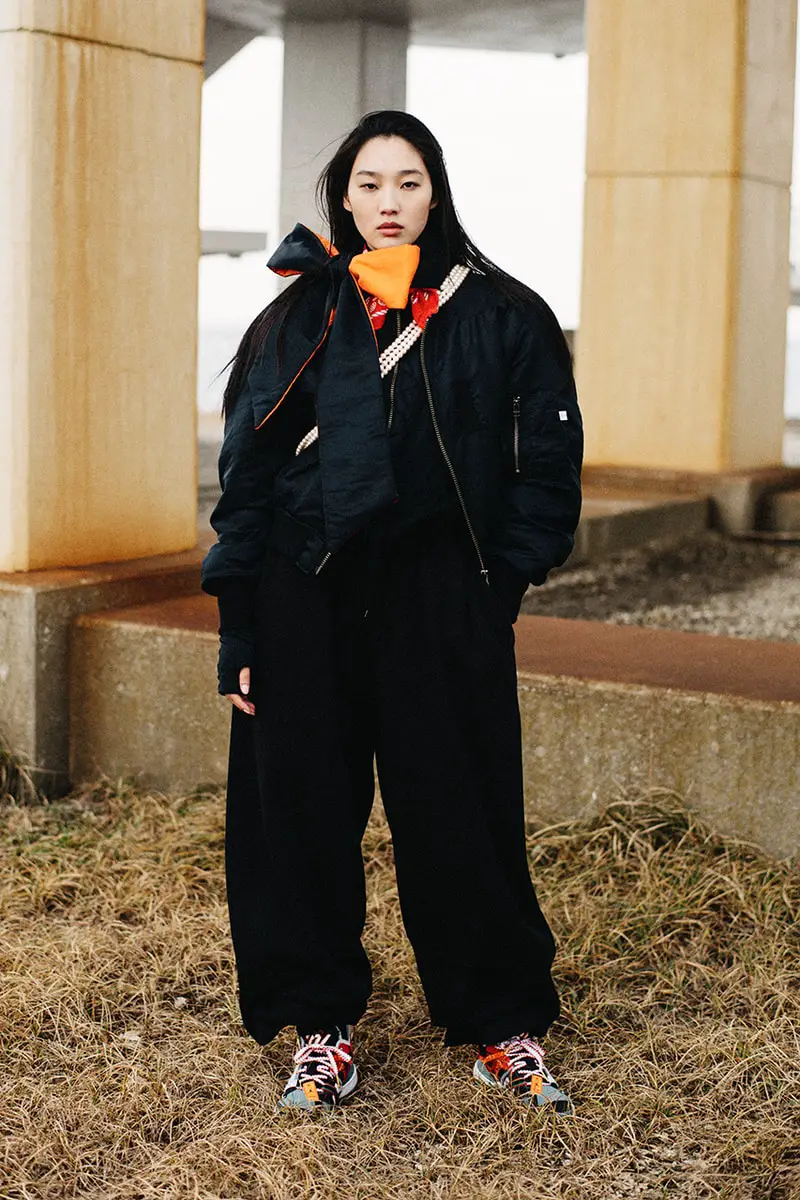 Streetwear Edge: Navy Bomber Jacket with Colorful Scarves — Japan Winter Outfits