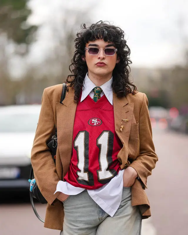 Football Jersey Layered Under a Tweed Blazer Football Jersey Layered Under a Tweed Blazer — Cold Weather Game Day Outfits