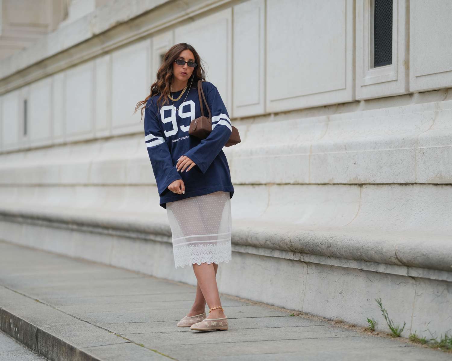 Oversized Jersey Meets Sheer Lace Midi Skirt Oversized Jersey Meets Sheer Lace Midi Skirt — Cold Weather Game Day Outfits