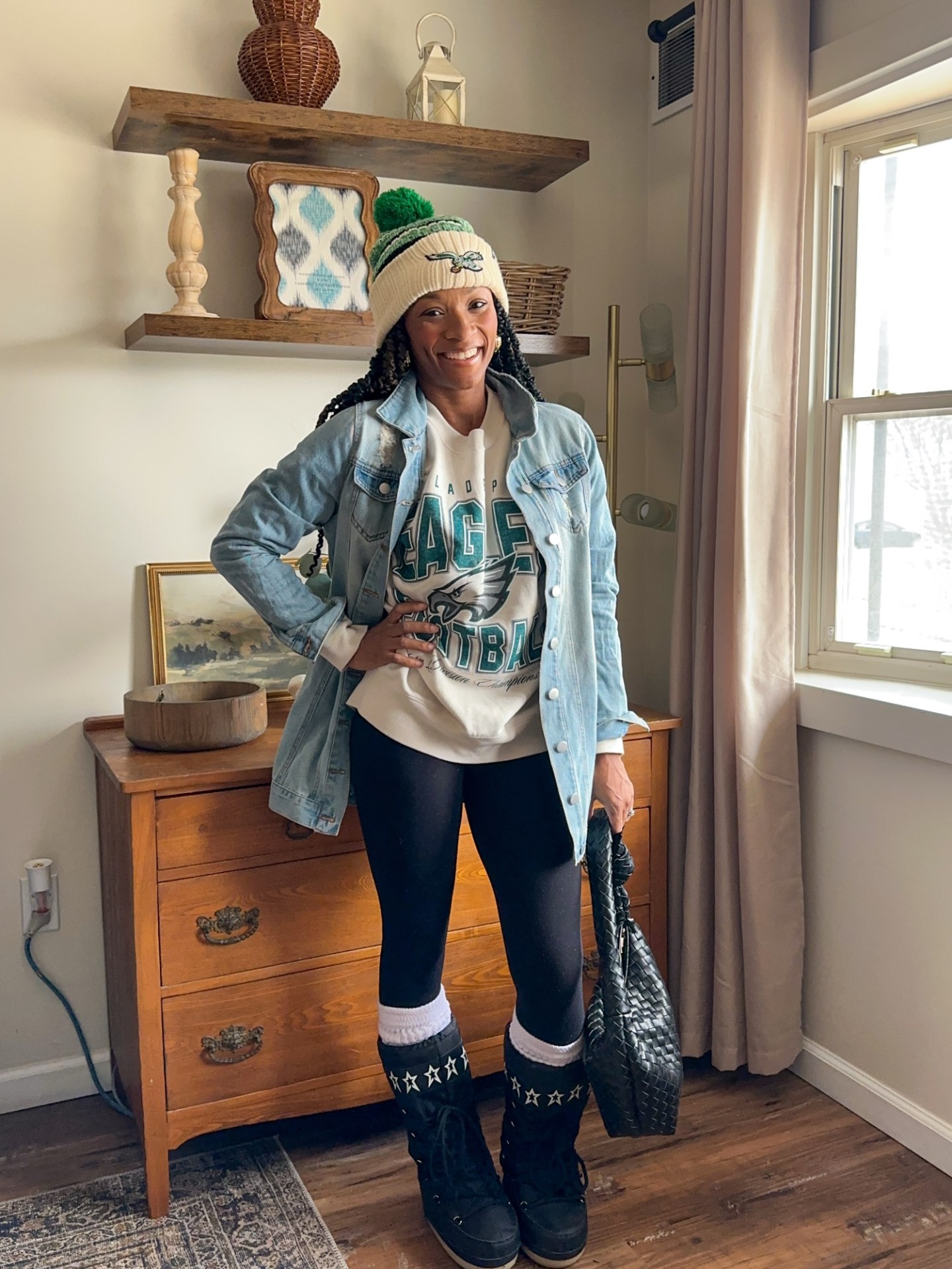 Denim Jacket and Graphic Sweatshirt with Moon Boots Denim Jacket and Graphic Sweatshirt with Moon Boots — Cold Weather Game Day Outfits