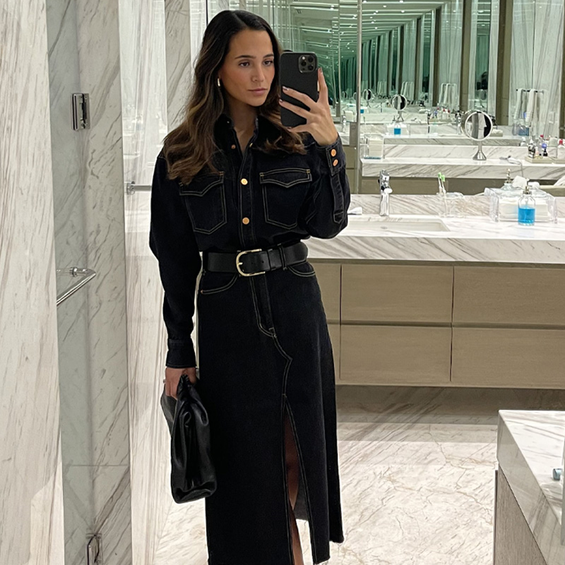 Denim Midi Dress with High Slit for a Winter Night Out Denim Midi Dress with High Slit for a Winter Night Out — Winter Club Outfits