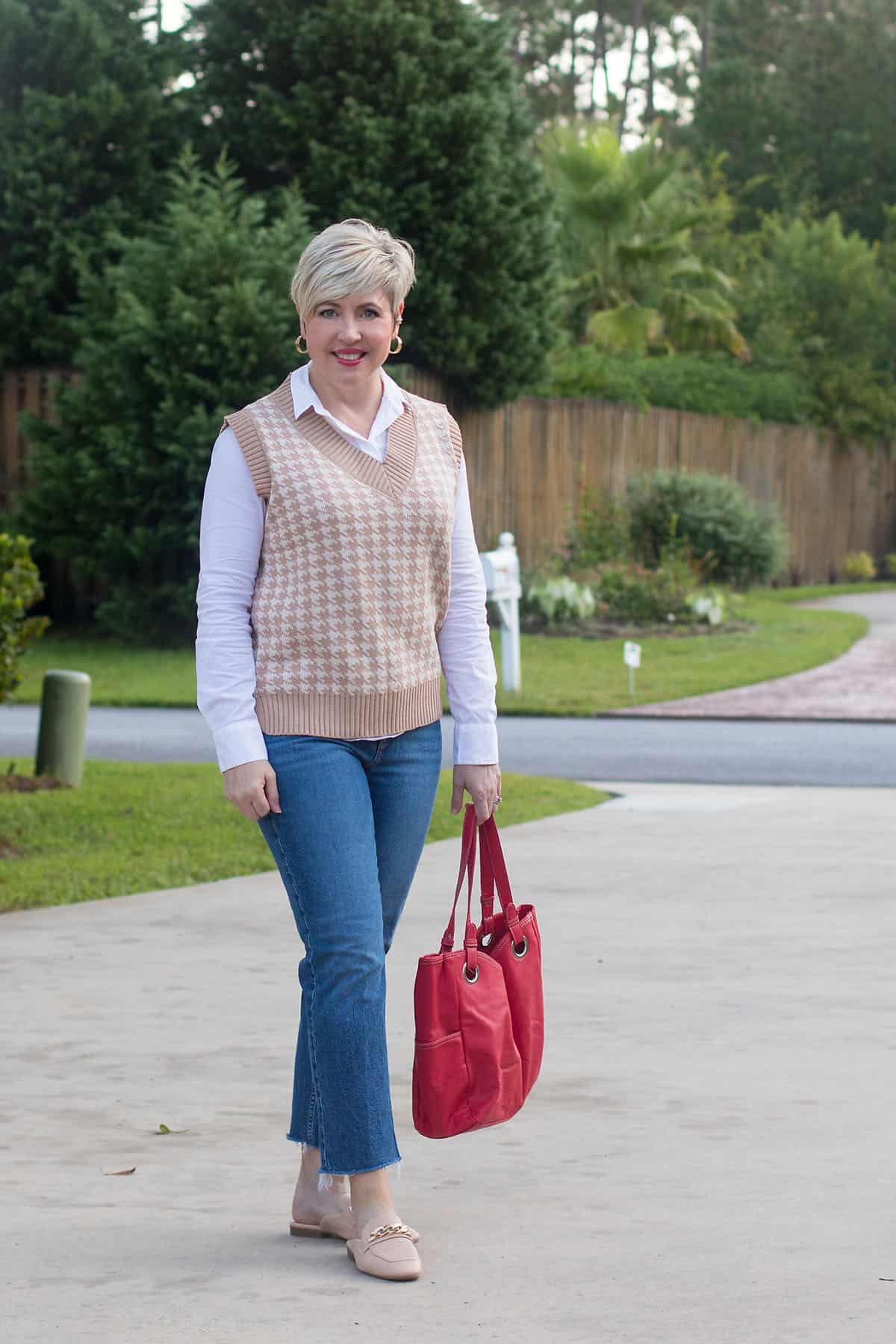 Houndstooth Vest with White Shirt and Blue Jeans — Winter Outfits for Older Women