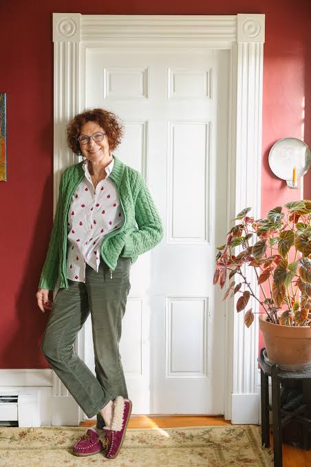 Cozy Green Cardigan with Strawberry Print Shirt and Corduroy Pants — Winter Outfits for Older Women