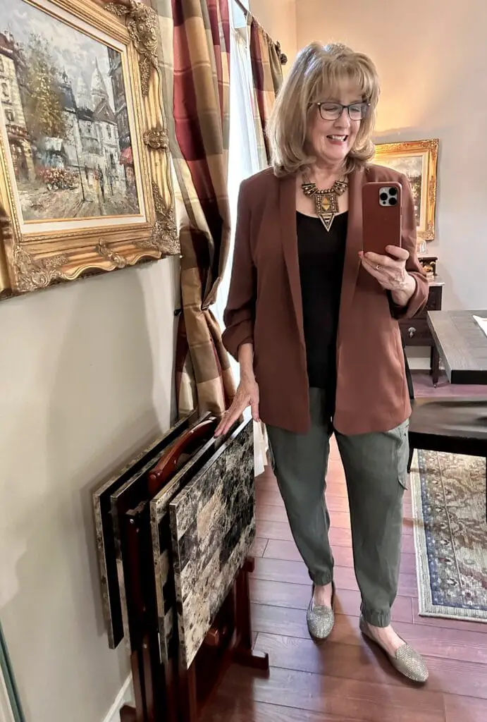 Rust Blazer with Cargo Pants and Silver Loafers — Winter Outfits for Older Women