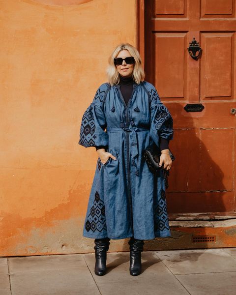 Embroidered Denim Dress Over Black Turtleneck with Leather Boots — Winter Outfits for Older Women