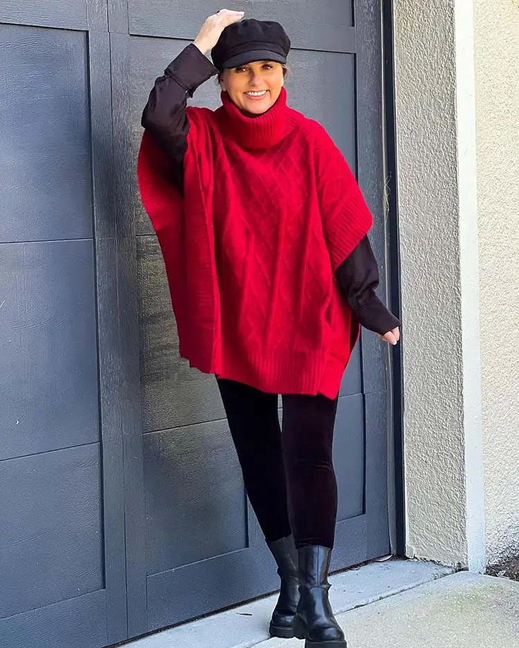 Bold Red Poncho Over Black Base with Velvet Leggings — Winter Outfits for Older Women