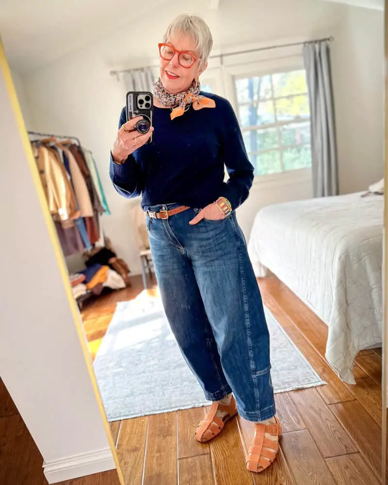 Casual Navy Sweater with Wide-Leg Jeans and Scarf — Winter Outfits for Older Women