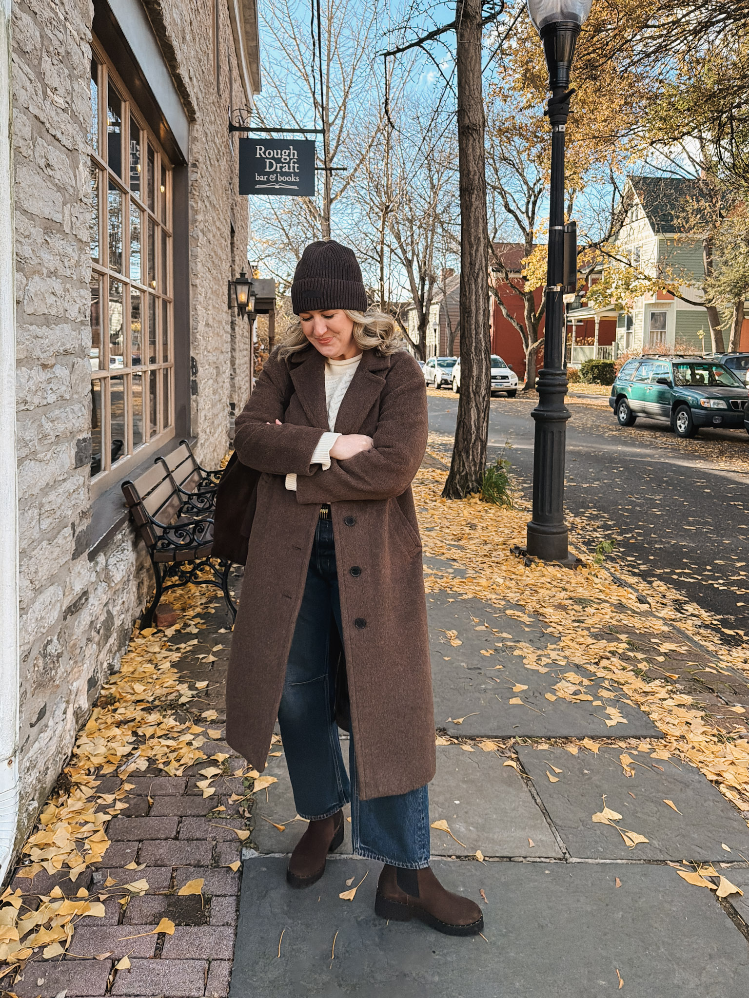 Classic Long Wool Coat with Cream Sweater and Jeans — Winter Outfits for Older Women