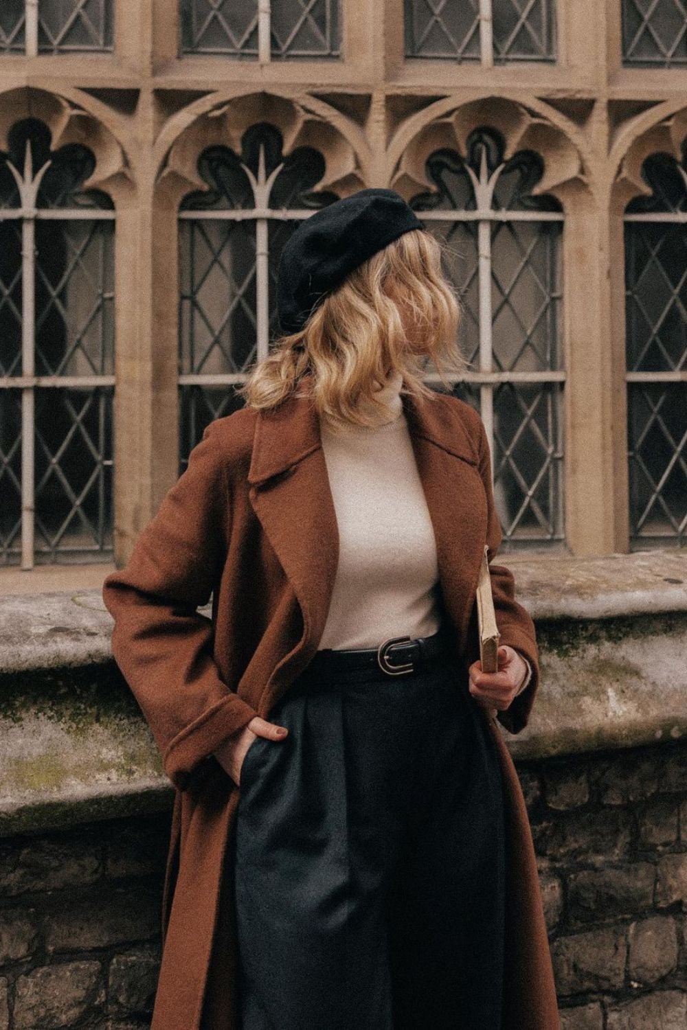 Long Wool Coat with Wide-Leg Trousers and Beret — Dark Academia Winter Outfits