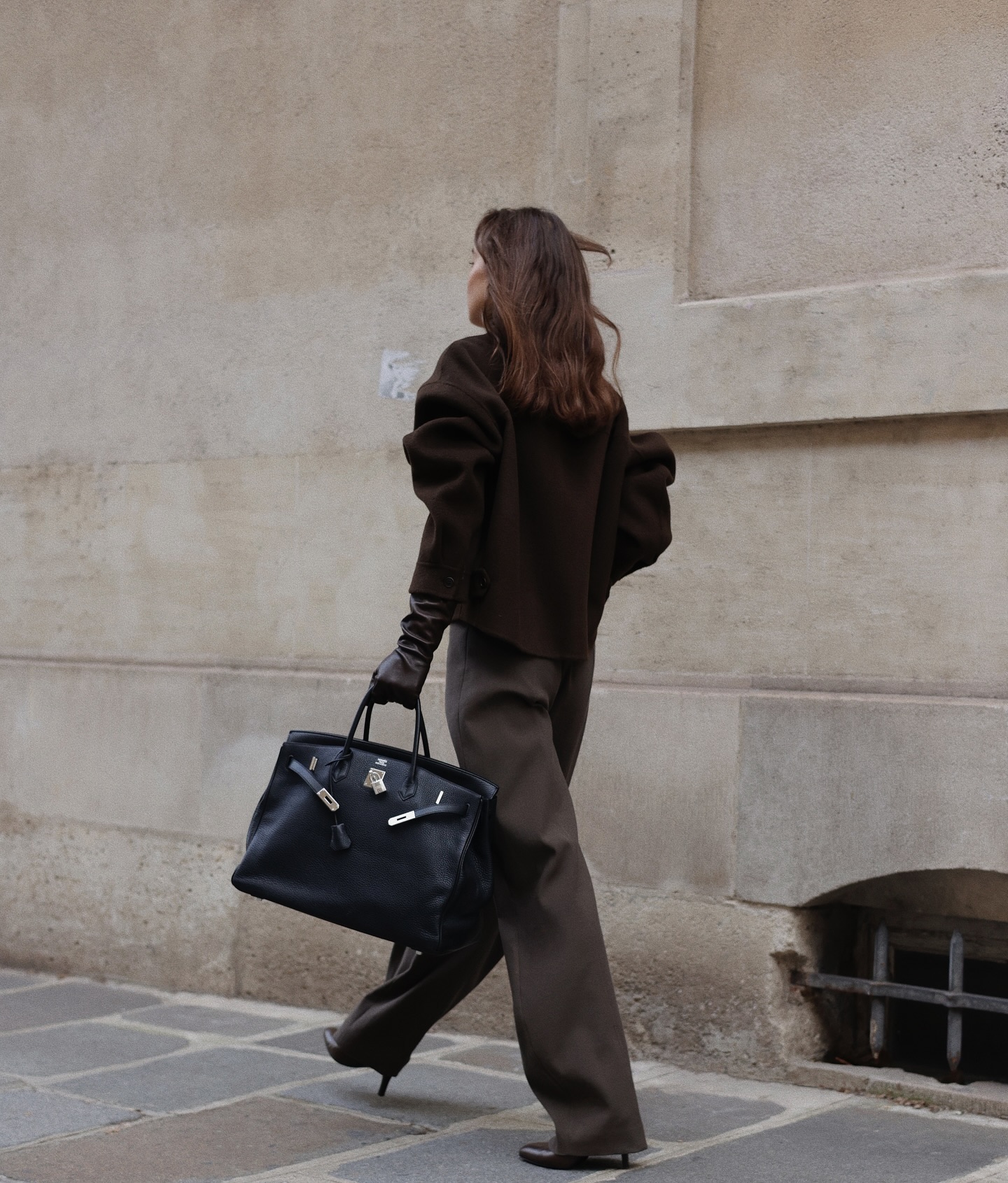 Deep Brown Cropped Jacket with Grey Trousers Deep Brown Cropped Jacket with Grey Trousers — Deep Winter Outfits